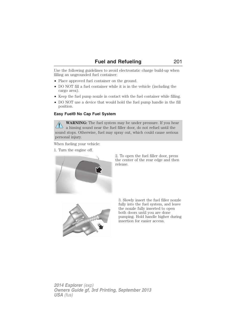 Easy fuel® no cap fuel system, Fuel and refueling 201 | FORD 2014 Explorer v.3 User Manual | Page 202 / 593