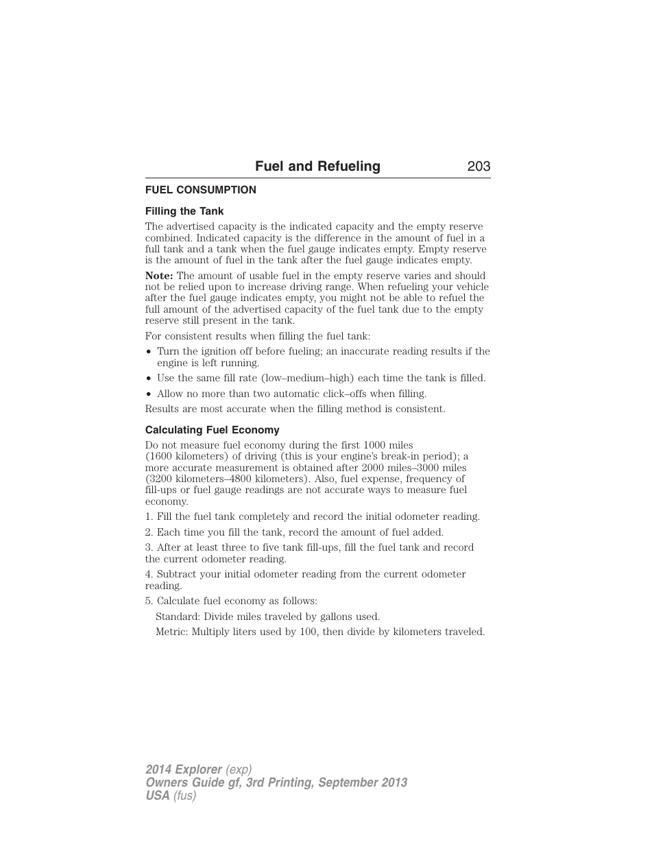 Fuel consumption, Filling the tank, Calculating fuel economy | Fuel and refueling 203 | FORD 2014 Explorer v.3 User Manual | Page 204 / 593