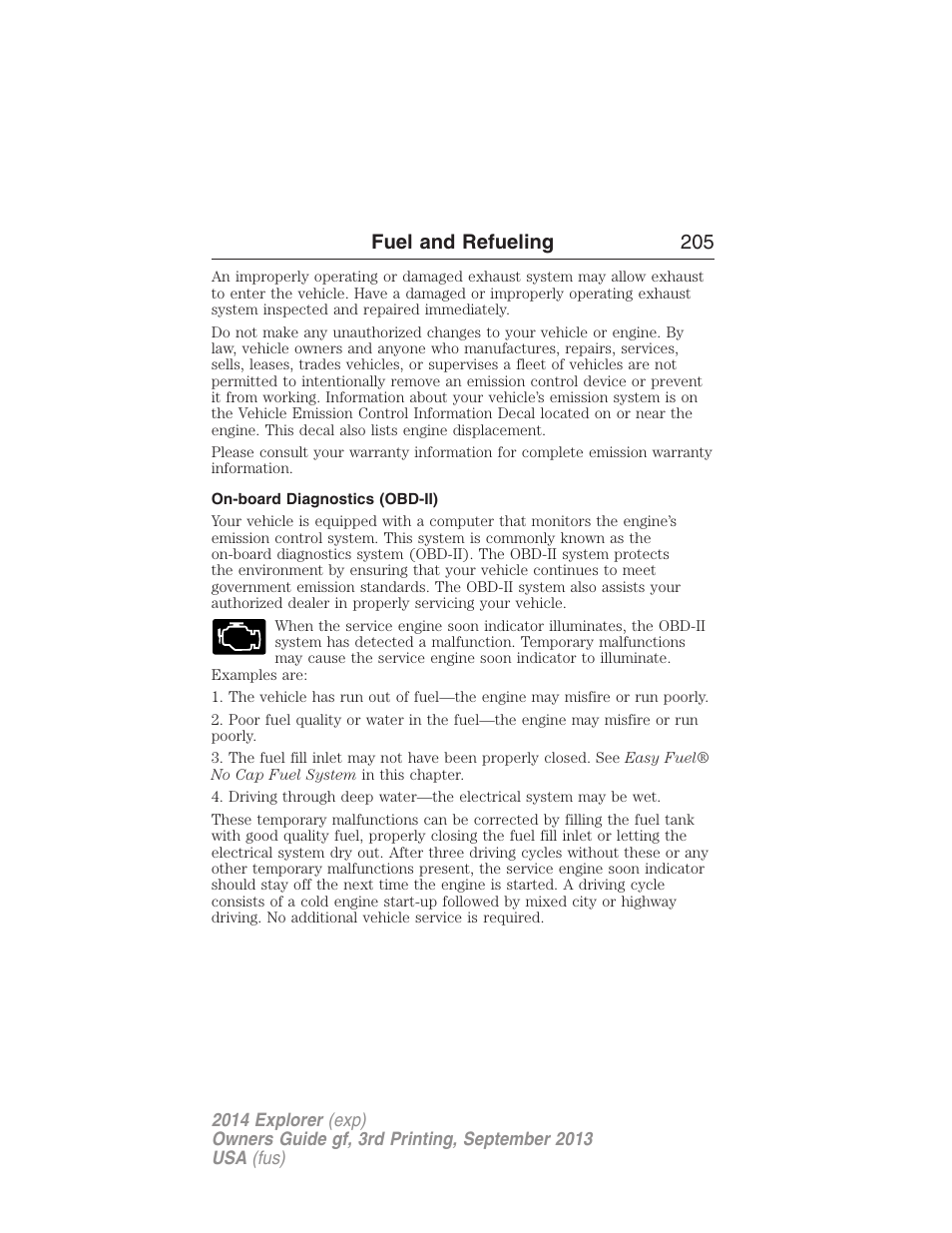 On-board diagnostics (obd-ii), Fuel and refueling 205 | FORD 2014 Explorer v.3 User Manual | Page 206 / 593