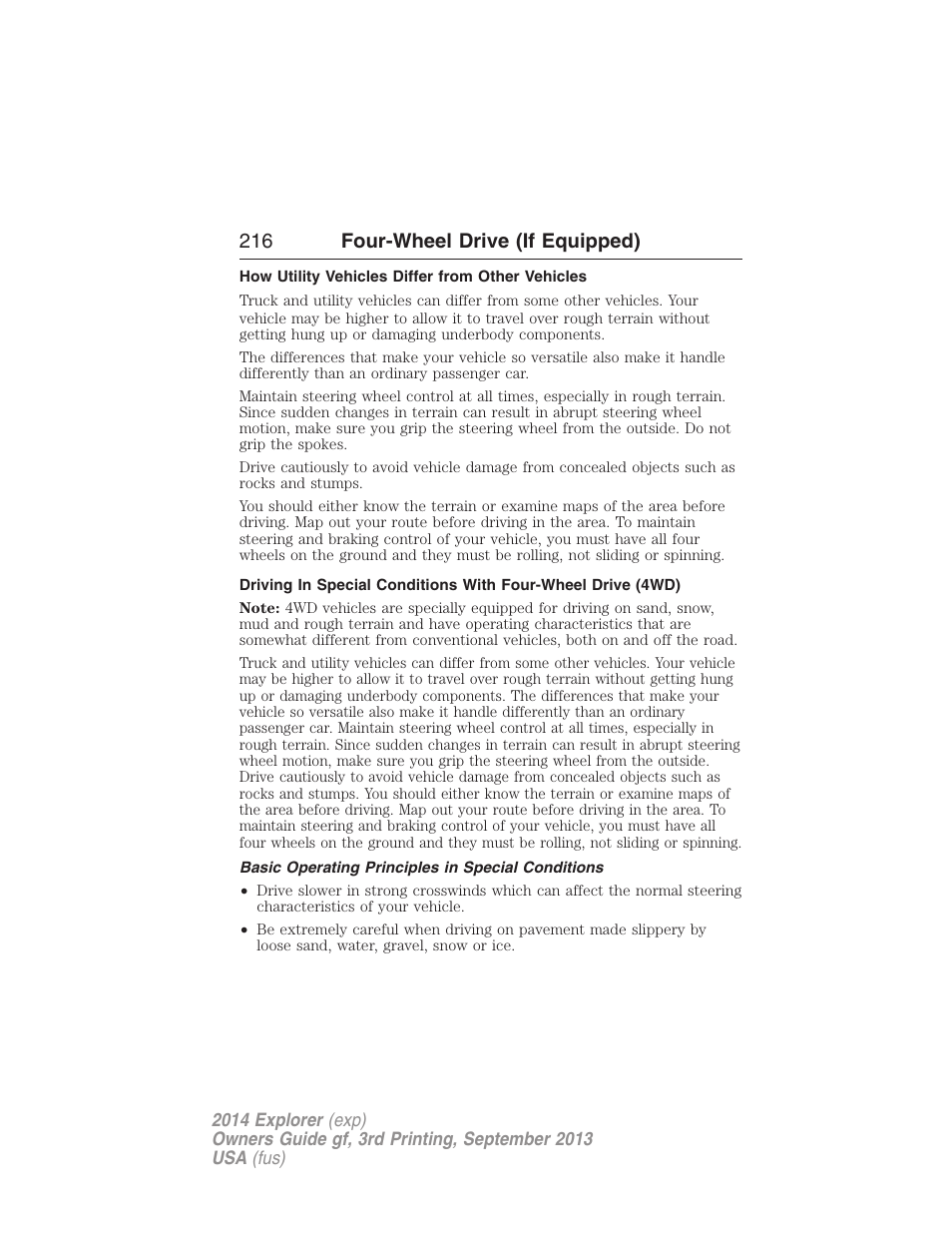 How utility vehicles differ from other vehicles, Basic operating principles in special conditions, 216 four-wheel drive (if equipped) | FORD 2014 Explorer v.3 User Manual | Page 217 / 593