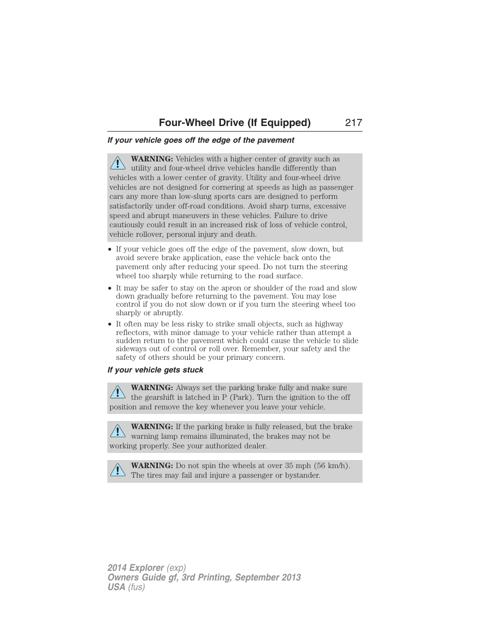 If your vehicle goes off the edge of the pavement, If your vehicle gets stuck, Four-wheel drive (if equipped) 217 | FORD 2014 Explorer v.3 User Manual | Page 218 / 593