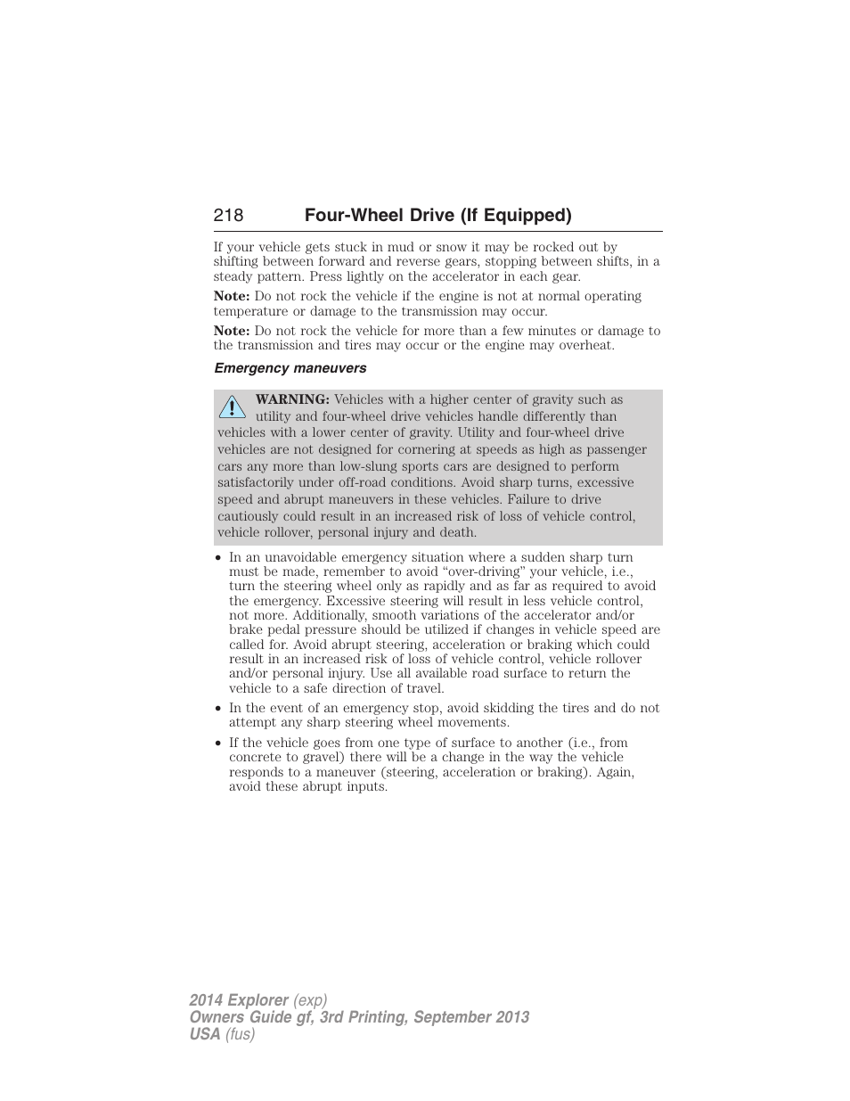 Emergency maneuvers, 218 four-wheel drive (if equipped) | FORD 2014 Explorer v.3 User Manual | Page 219 / 593