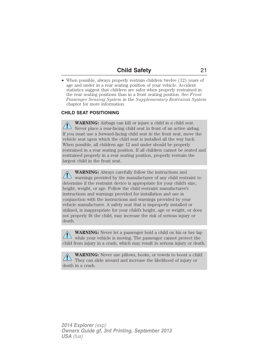 Child seat positioning, Child safety 21 | FORD 2014 Explorer v.3 User Manual | Page 22 / 593