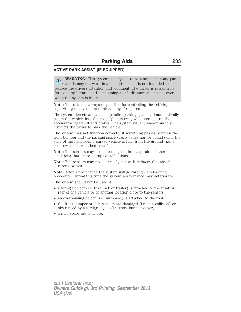 Active park assist (if equipped), Active park assist, Parking aids 233 | FORD 2014 Explorer v.3 User Manual | Page 234 / 593