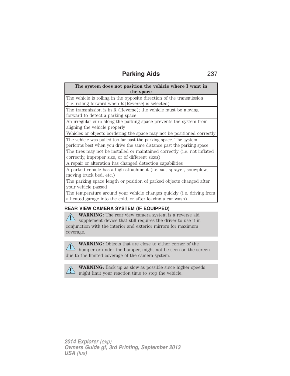 Rear view camera system (if equipped), Rear-view camera system, Parking aids 237 | FORD 2014 Explorer v.3 User Manual | Page 238 / 593