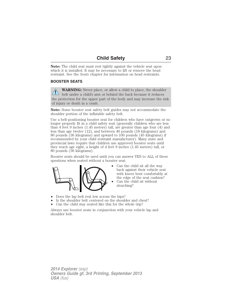 Booster seats, Child safety 23 | FORD 2014 Explorer v.3 User Manual | Page 24 / 593