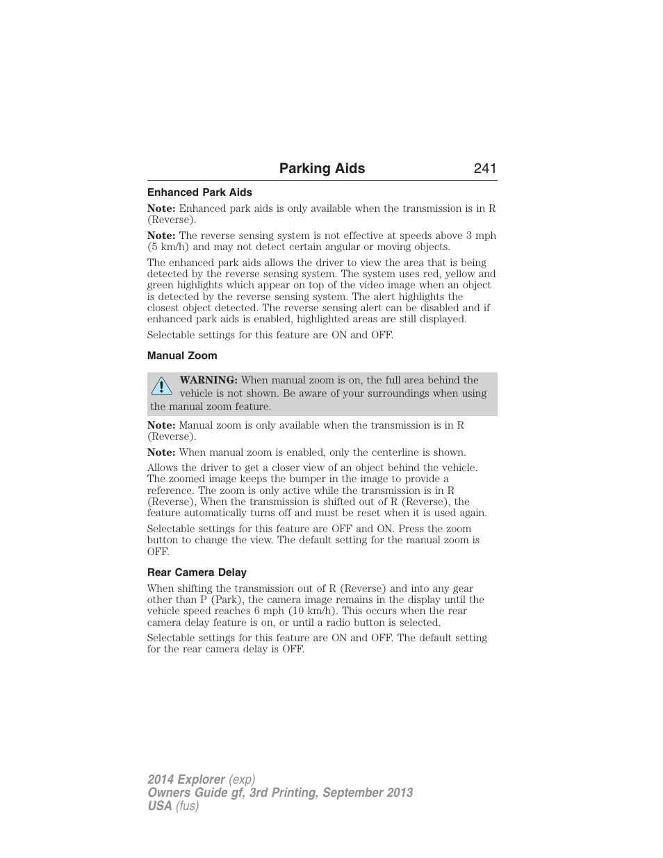 Enhanced park aids, Manual zoom, Rear camera delay | Parking aids 241 | FORD 2014 Explorer v.3 User Manual | Page 242 / 593