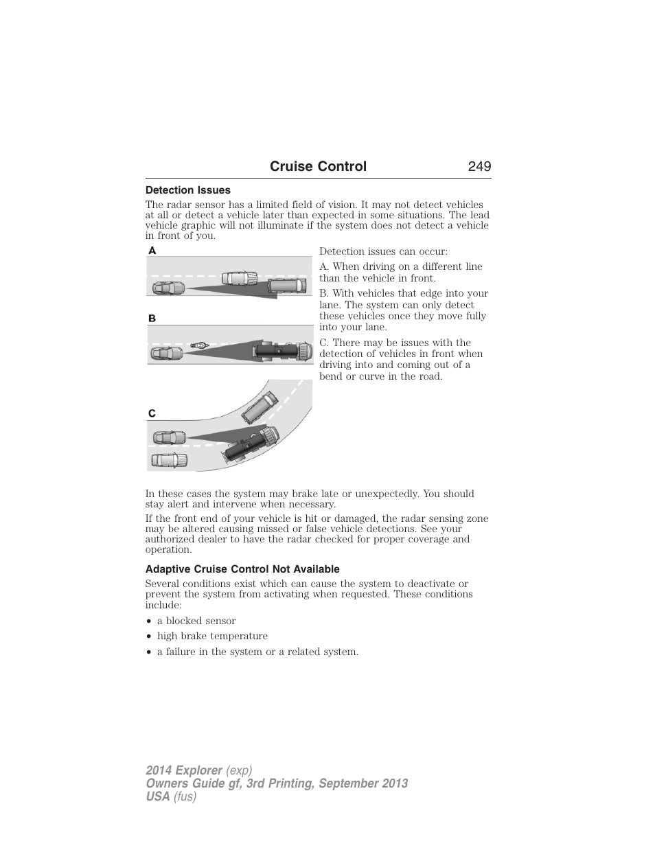 Detection issues, Adaptive cruise control not available, Cruise control 249 | FORD 2014 Explorer v.3 User Manual | Page 250 / 593