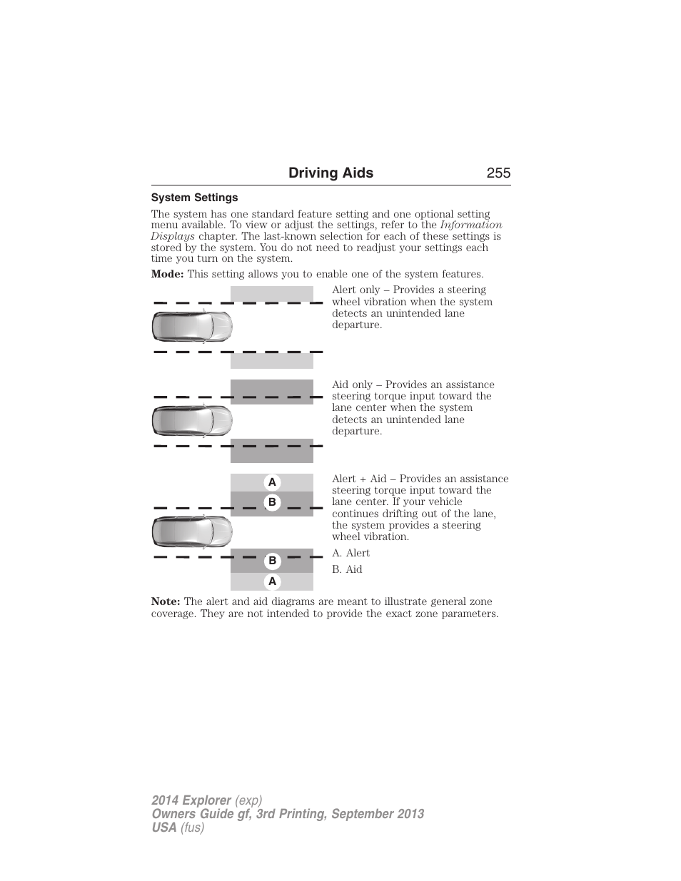 System settings, Driving aids 255 | FORD 2014 Explorer v.3 User Manual | Page 256 / 593