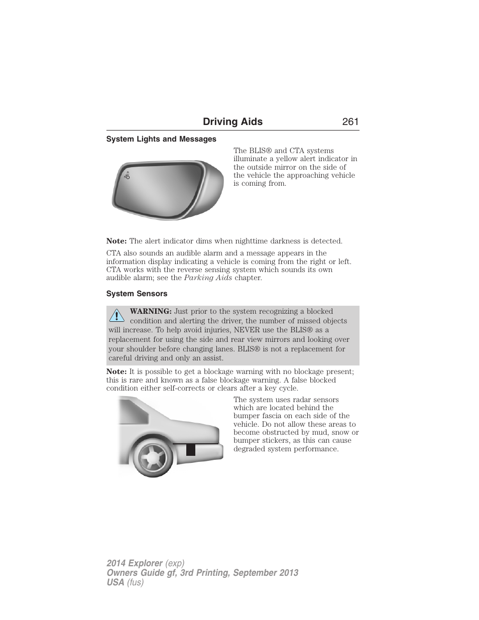 System lights and messages, System sensors, Driving aids 261 | FORD 2014 Explorer v.3 User Manual | Page 262 / 593