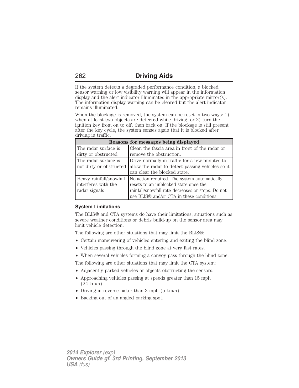 System limitations, 262 driving aids | FORD 2014 Explorer v.3 User Manual | Page 263 / 593