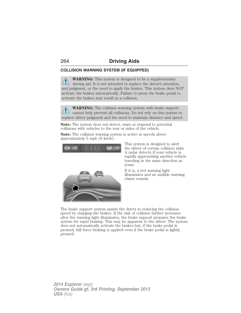 Collision warning system (if equipped), Collision warning system, 264 driving aids | FORD 2014 Explorer v.3 User Manual | Page 265 / 593