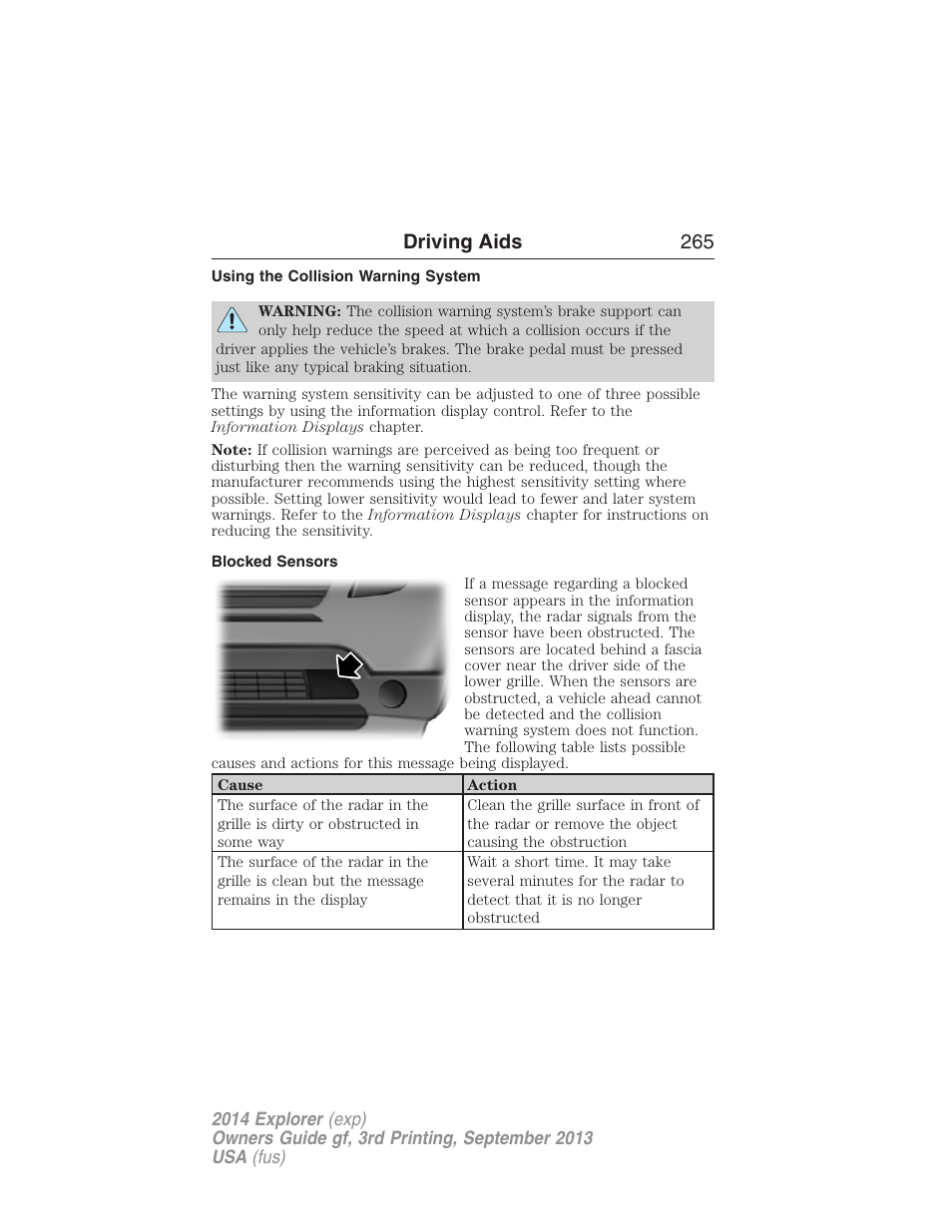 Using the collision warning system, Blocked sensors, Driving aids 265 | FORD 2014 Explorer v.3 User Manual | Page 266 / 593