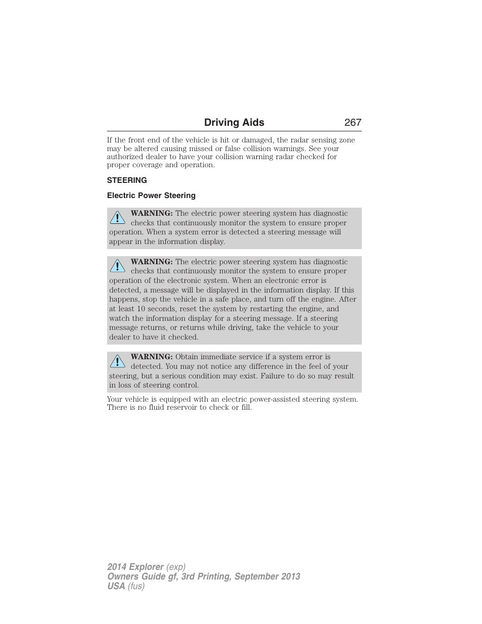 Steering, Electric power steering, Driving aids 267 | FORD 2014 Explorer v.3 User Manual | Page 268 / 593