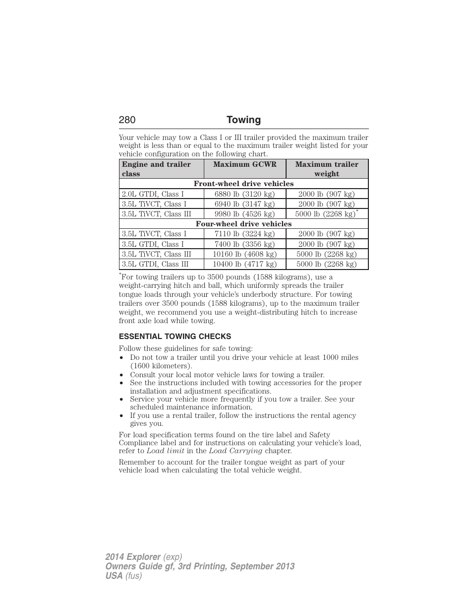 Essential towing checks, 280 towing | FORD 2014 Explorer v.3 User Manual | Page 281 / 593