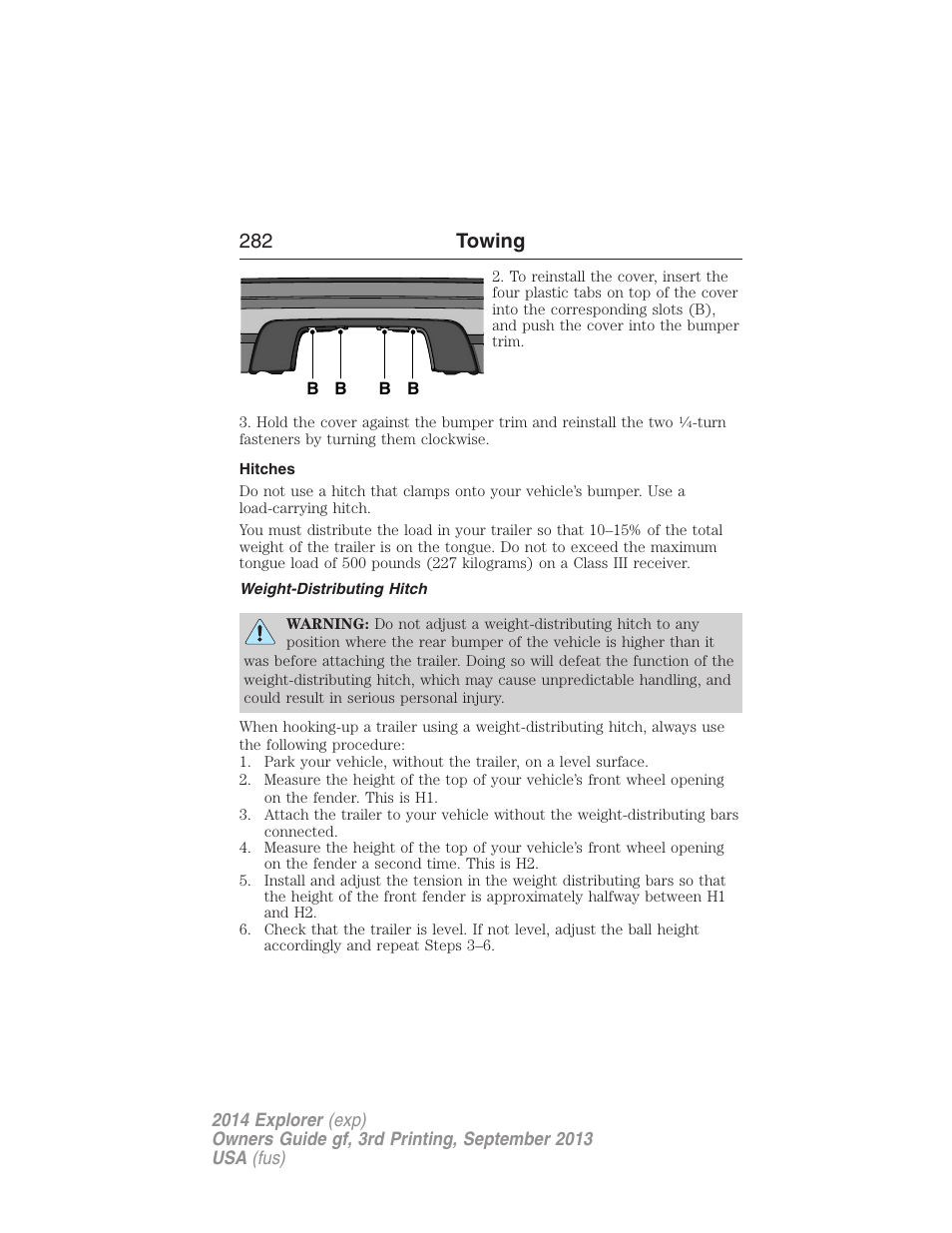 Hitches, Weight-distributing hitch, 282 towing | FORD 2014 Explorer v.3 User Manual | Page 283 / 593