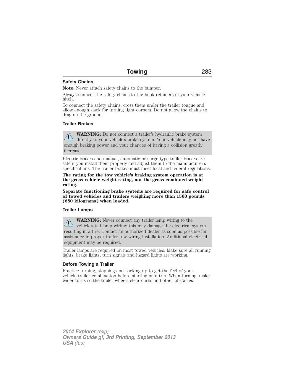 Safety chains, Trailer brakes, Trailer lamps | Before towing a trailer, Towing 283 | FORD 2014 Explorer v.3 User Manual | Page 284 / 593