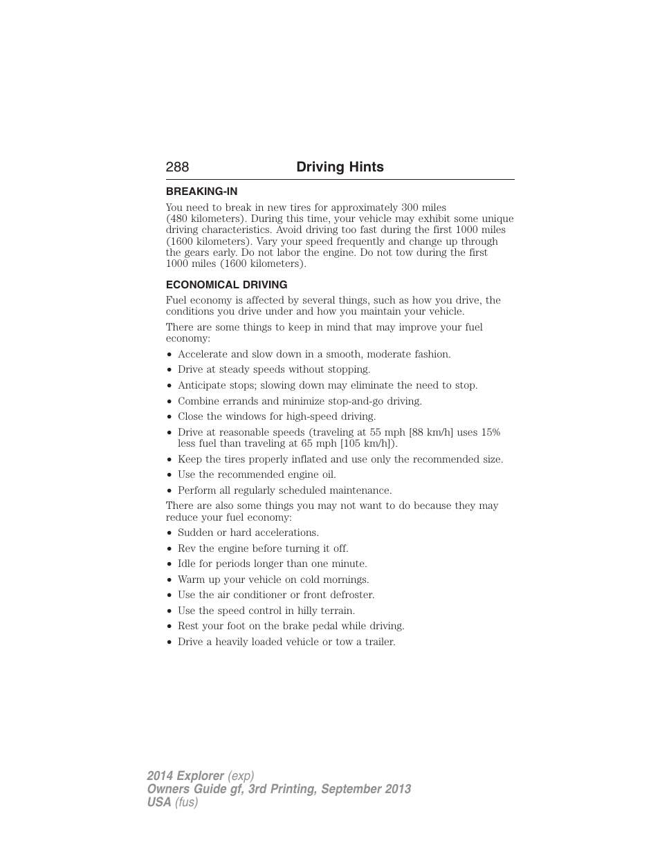Driving hints, Breaking-in, Economical driving | 288 driving hints | FORD 2014 Explorer v.3 User Manual | Page 289 / 593