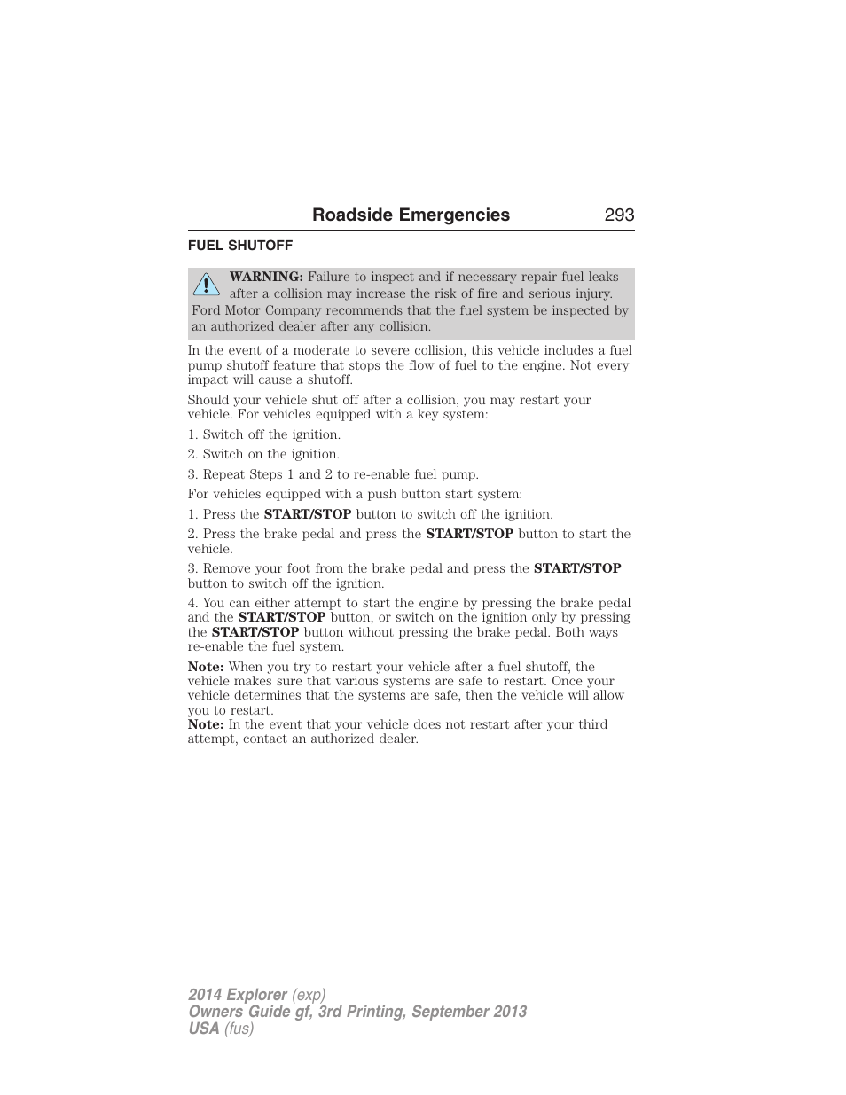 Fuel shutoff, Fuel cut-off switch, Roadside emergencies 293 | FORD 2014 Explorer v.3 User Manual | Page 294 / 593