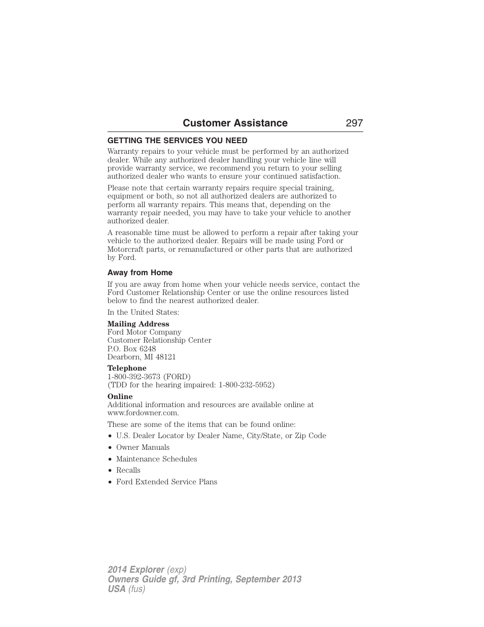 Customer assistance, Getting the services you need, Away from home | Customer assistance 297 | FORD 2014 Explorer v.3 User Manual | Page 298 / 593