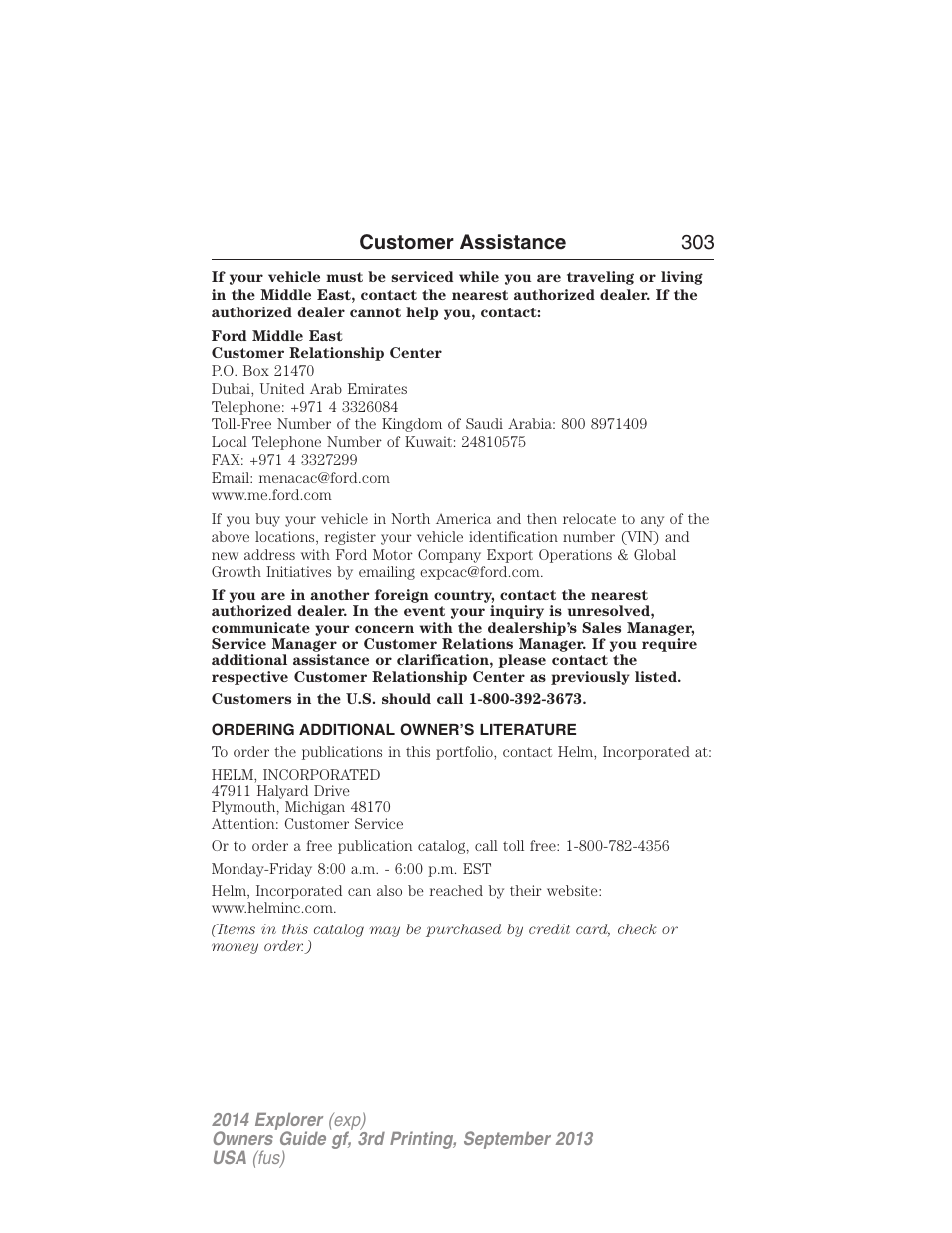 Ordering additional owner’s literature, Customer assistance 303 | FORD 2014 Explorer v.3 User Manual | Page 304 / 593
