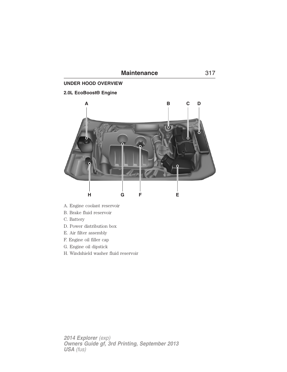 Under hood overview, 0l ecoboost® engine, Maintenance 317 | FORD 2014 Explorer v.3 User Manual | Page 318 / 593