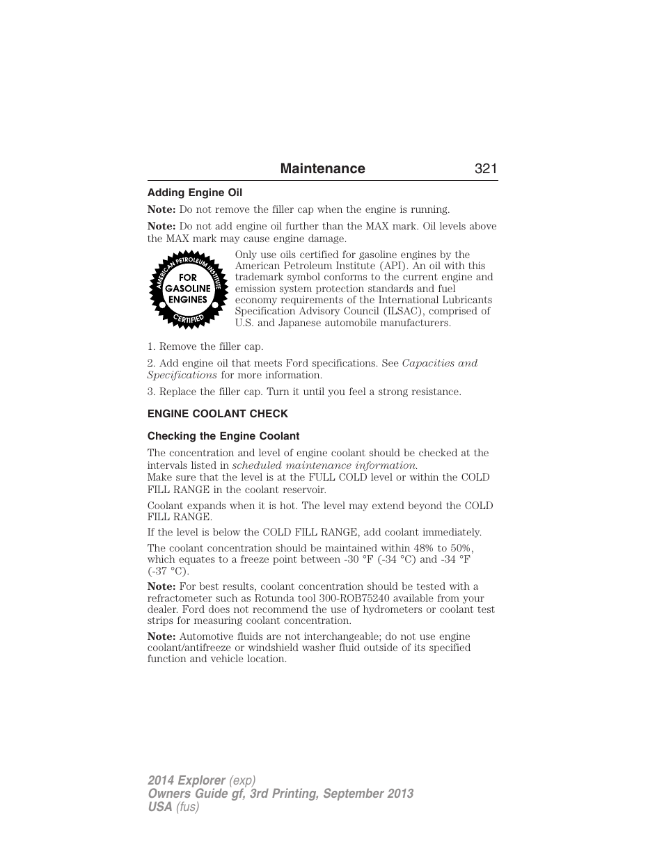 Adding engine oil, Engine coolant check, Checking the engine coolant | Maintenance 321 | FORD 2014 Explorer v.3 User Manual | Page 322 / 593