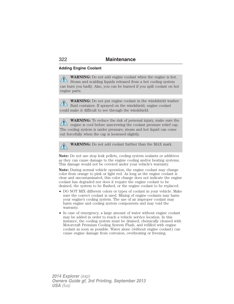 Adding engine coolant, 322 maintenance | FORD 2014 Explorer v.3 User Manual | Page 323 / 593