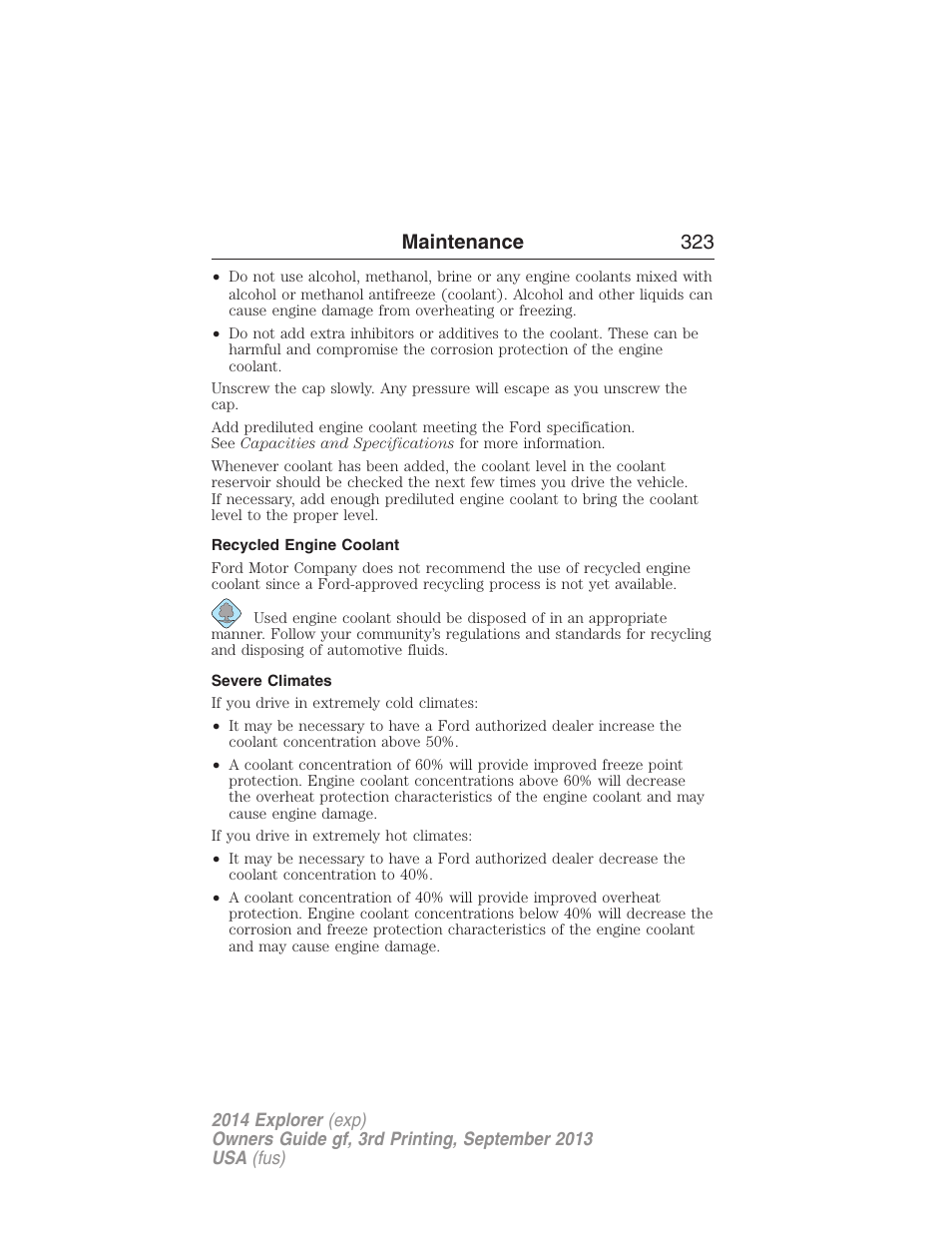 Recycled engine coolant, Severe climates, Maintenance 323 | FORD 2014 Explorer v.3 User Manual | Page 324 / 593