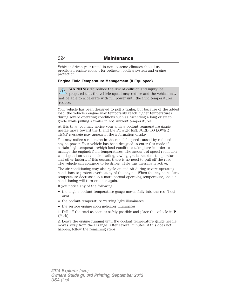 Engine fluid temperature management (if equipped), 324 maintenance | FORD 2014 Explorer v.3 User Manual | Page 325 / 593