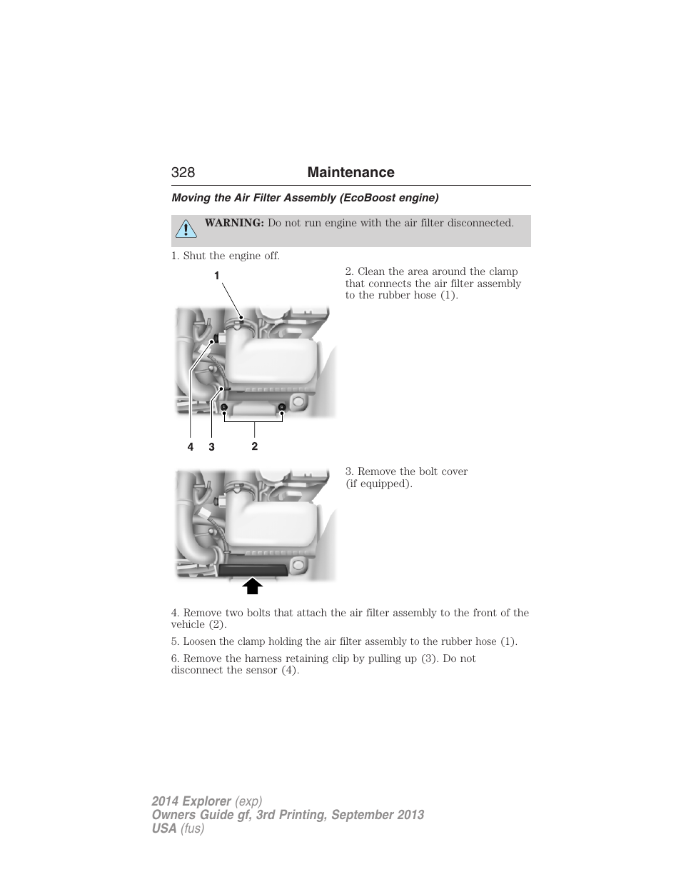 Moving the air filter assembly (ecoboost engine), 328 maintenance | FORD 2014 Explorer v.3 User Manual | Page 329 / 593