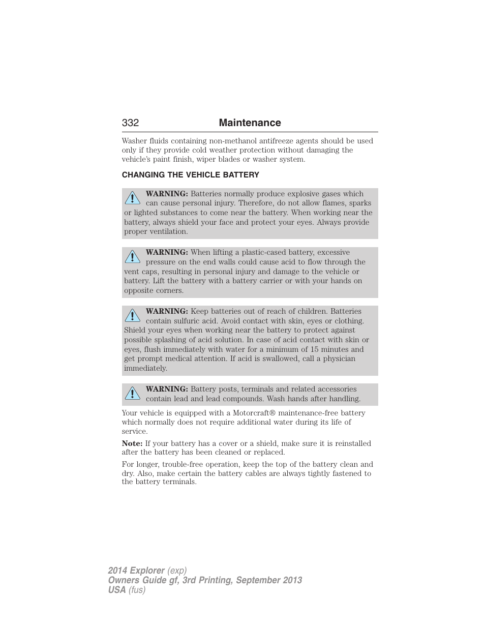 Changing the vehicle battery, Battery, 332 maintenance | FORD 2014 Explorer v.3 User Manual | Page 333 / 593