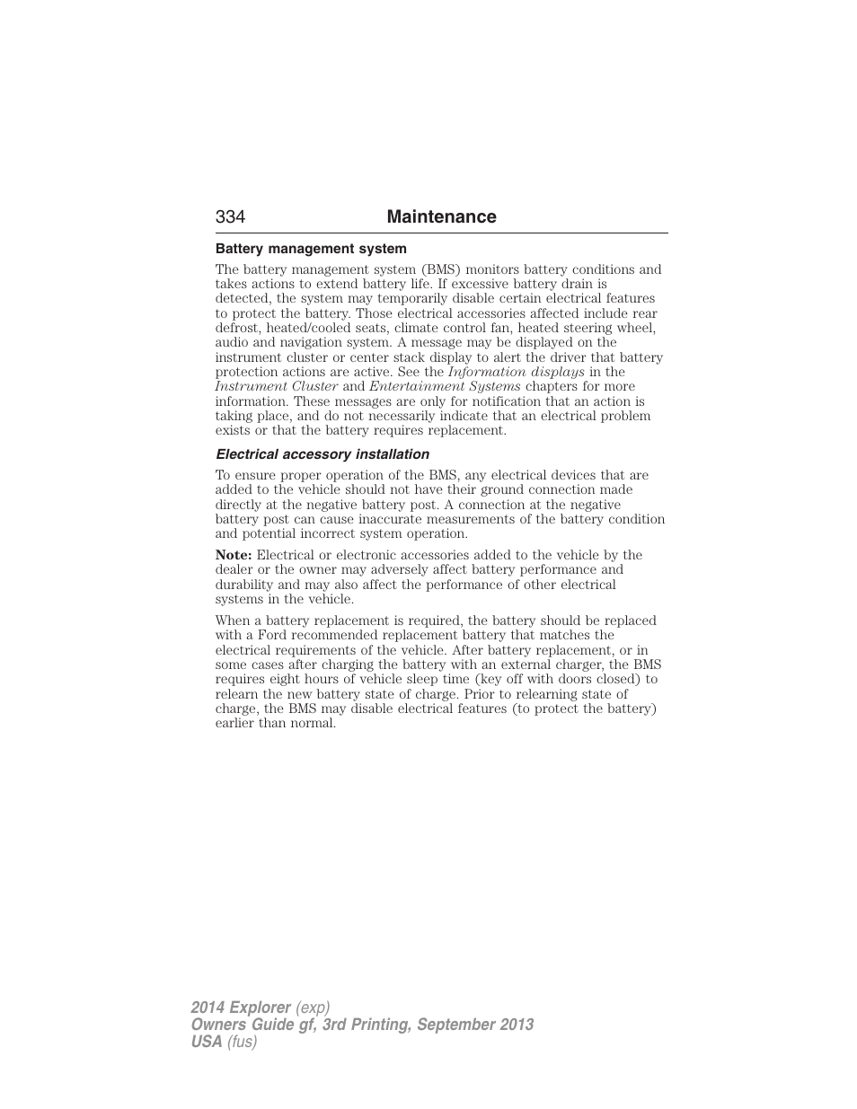 Battery management system, Electrical accessory installation, 334 maintenance | FORD 2014 Explorer v.3 User Manual | Page 335 / 593