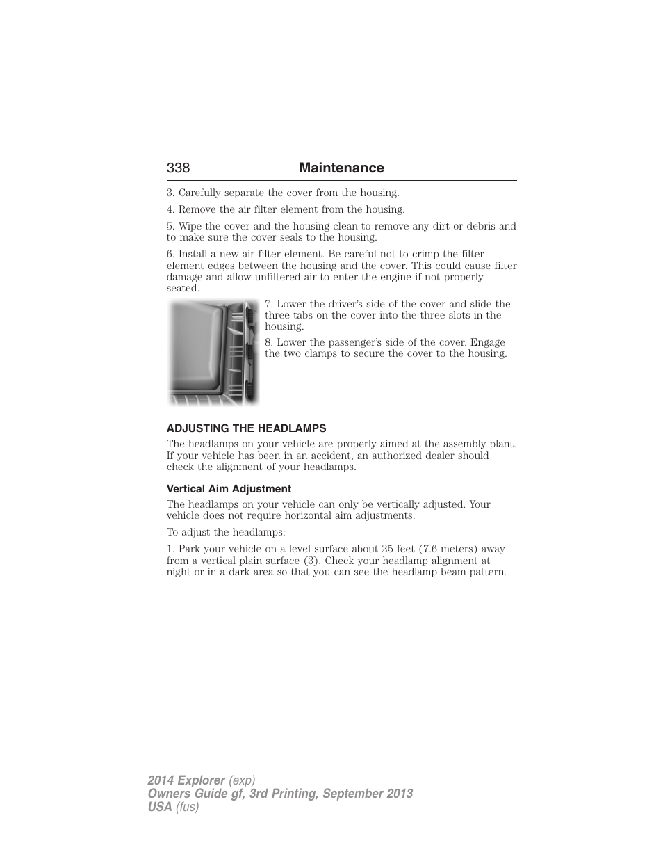 Adjusting the headlamps, Vertical aim adjustment, 338 maintenance | FORD 2014 Explorer v.3 User Manual | Page 339 / 593