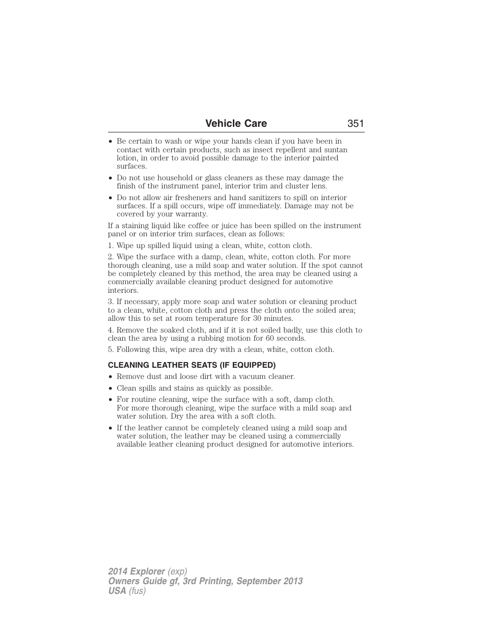Cleaning leather seats (if equipped), Cleaning leather seats, Vehicle care 351 | FORD 2014 Explorer v.3 User Manual | Page 352 / 593