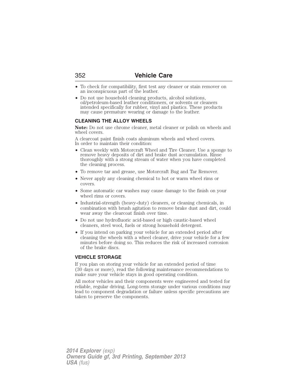 Cleaning the alloy wheels, Vehicle storage, 352 vehicle care | FORD 2014 Explorer v.3 User Manual | Page 353 / 593