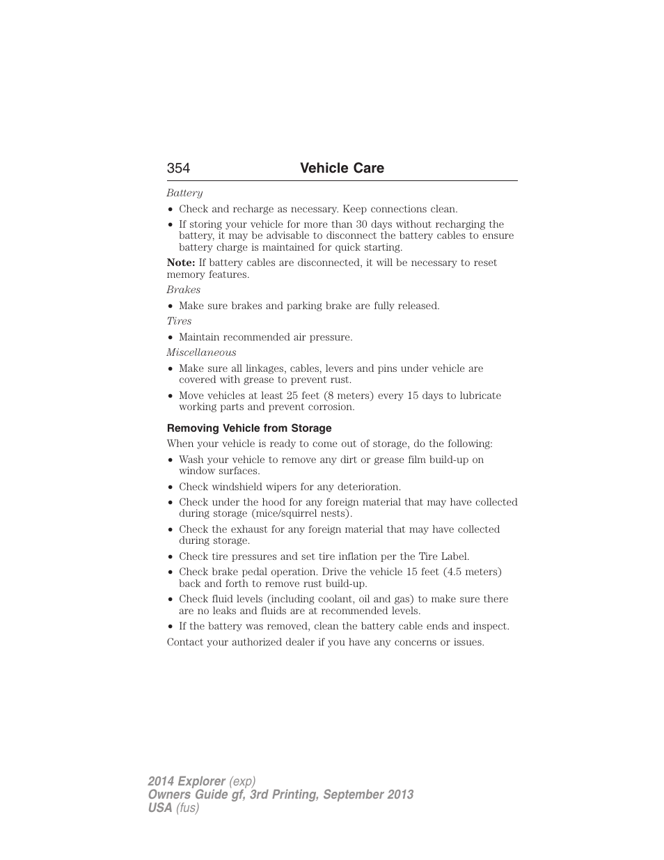 Removing vehicle from storage, 354 vehicle care | FORD 2014 Explorer v.3 User Manual | Page 355 / 593