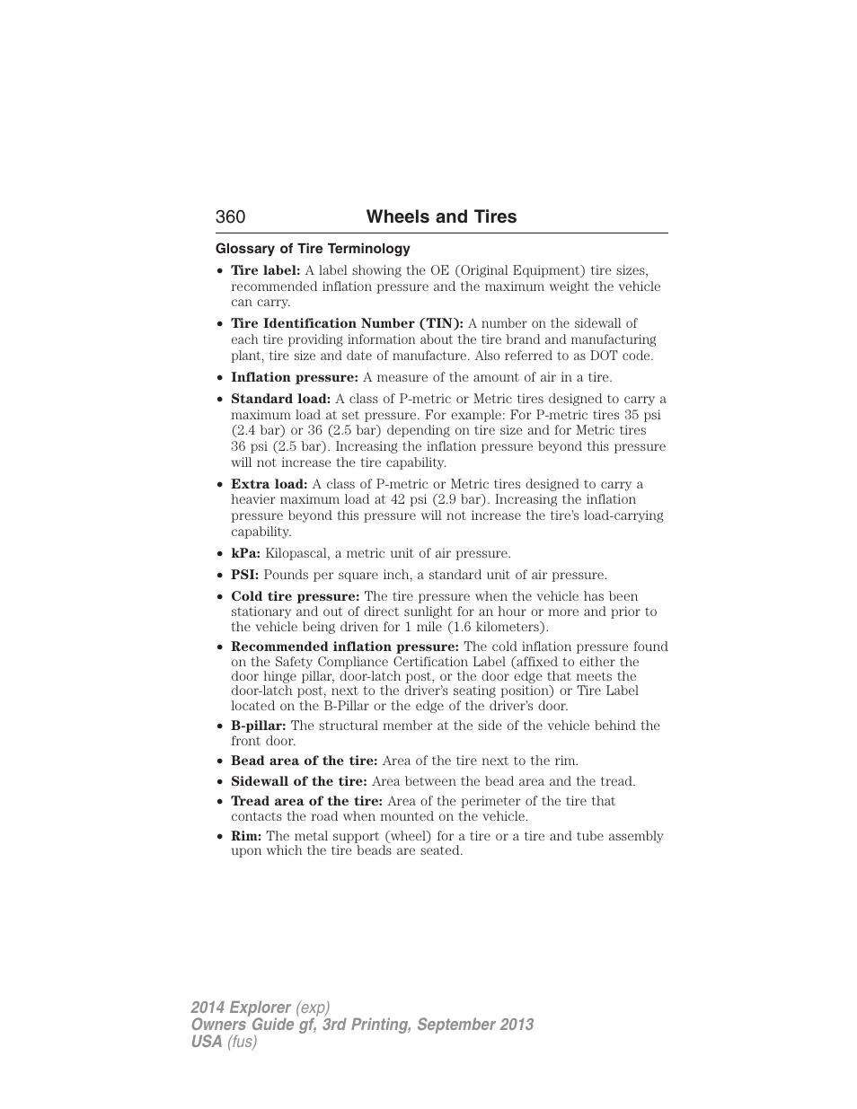 Glossary of tire terminology, 360 wheels and tires | FORD 2014 Explorer v.3 User Manual | Page 361 / 593