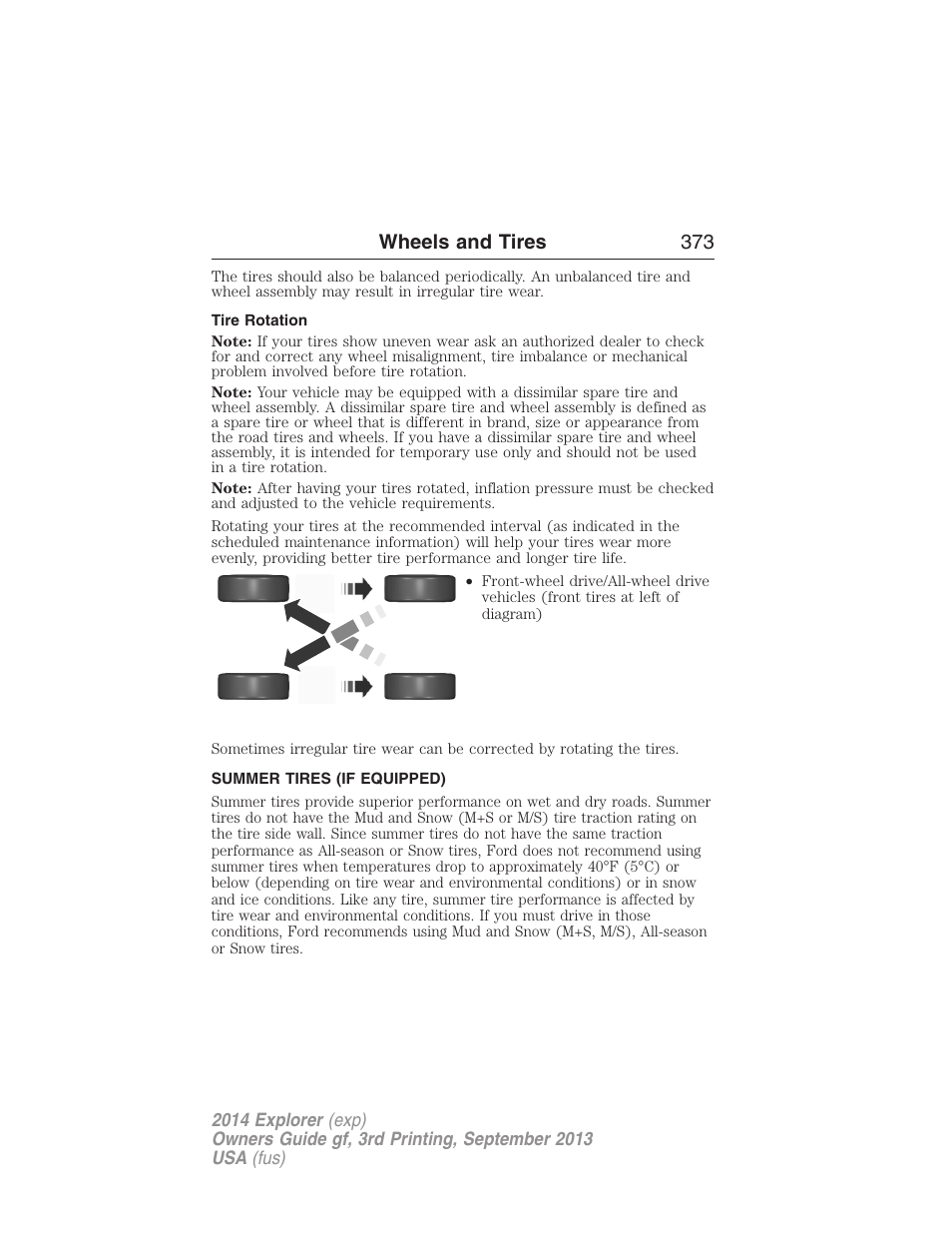 Tire rotation, Summer tires (if equipped), Wheels and tires 373 | FORD 2014 Explorer v.3 User Manual | Page 374 / 593