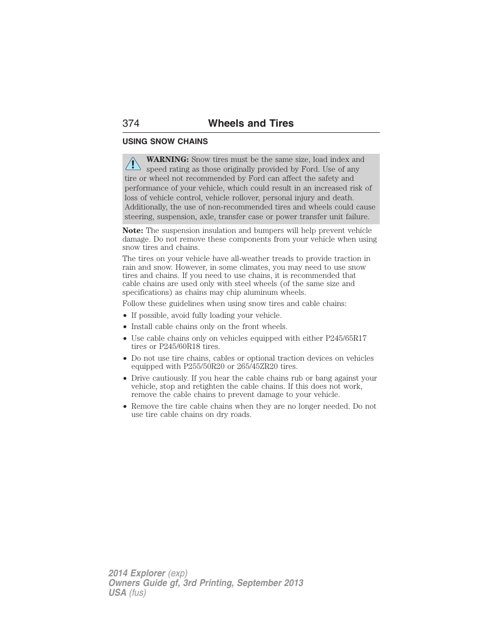 Using snow chains, 374 wheels and tires | FORD 2014 Explorer v.3 User Manual | Page 375 / 593