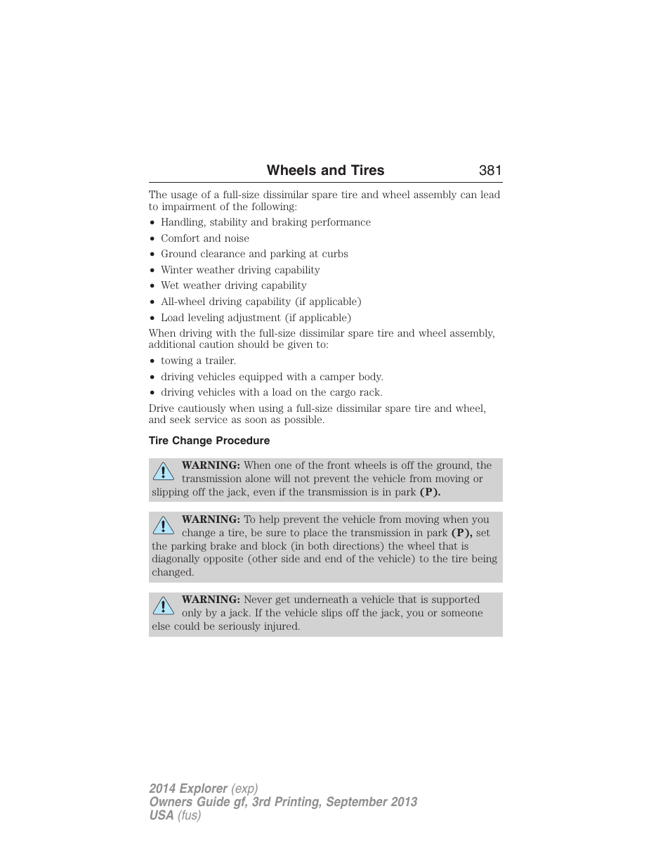 Tire change procedure, Wheels and tires 381 | FORD 2014 Explorer v.3 User Manual | Page 382 / 593