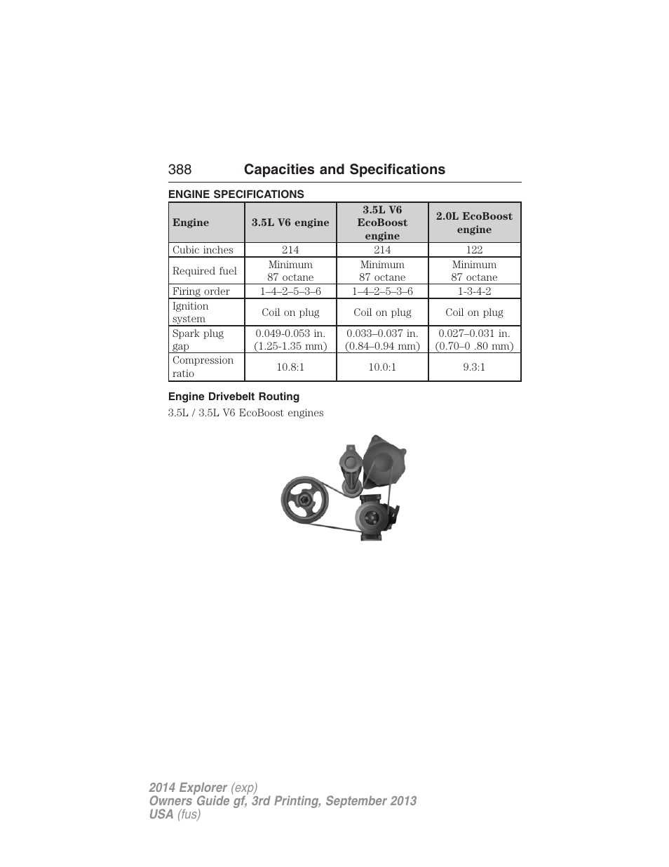 Capacities and specifications, Engine specifications, Engine drivebelt routing | 388 capacities and specifications | FORD 2014 Explorer v.3 User Manual | Page 389 / 593