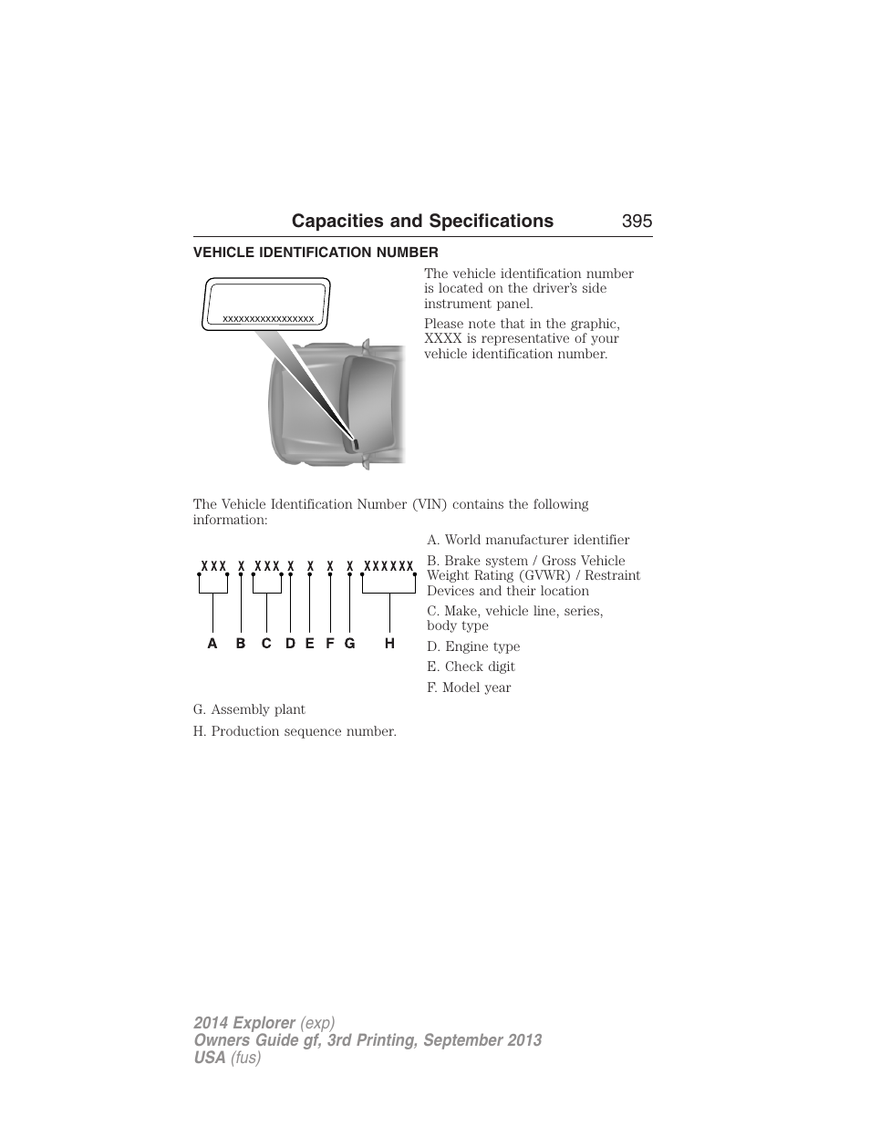 Vehicle identification number, Capacities and specifications 395 | FORD 2014 Explorer v.3 User Manual | Page 396 / 593