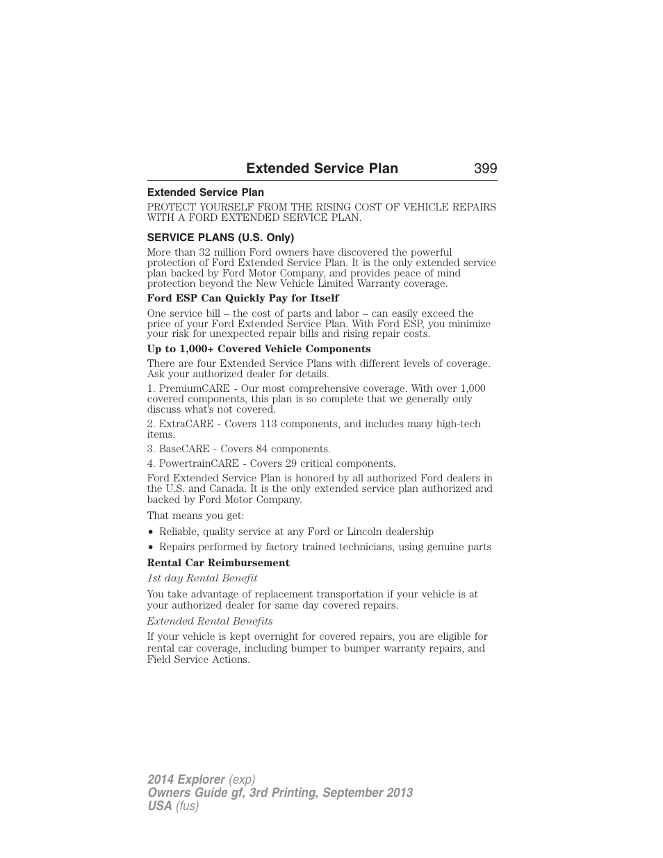 Extended service plan, Service plans (u.s. only), Extended service plan 399 | FORD 2014 Explorer v.3 User Manual | Page 400 / 593
