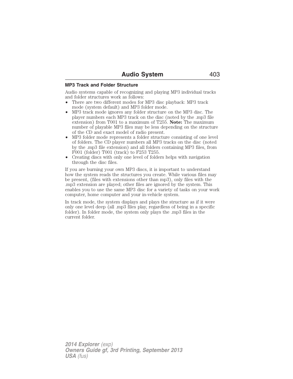 Mp3 track and folder structure, Audio system 403 | FORD 2014 Explorer v.3 User Manual | Page 404 / 593