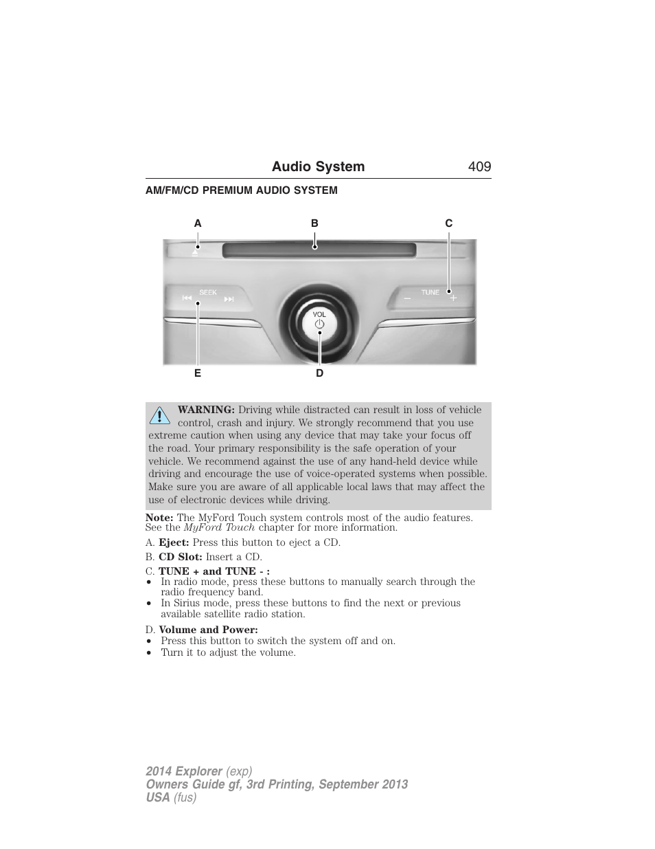 Am/fm/cd premium audio system, Audio system 409 | FORD 2014 Explorer v.3 User Manual | Page 410 / 593