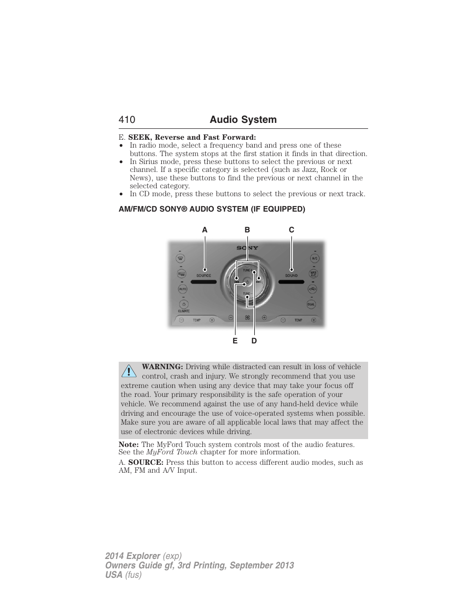 Am/fm/cd sony® audio system (if equipped), 410 audio system | FORD 2014 Explorer v.3 User Manual | Page 411 / 593