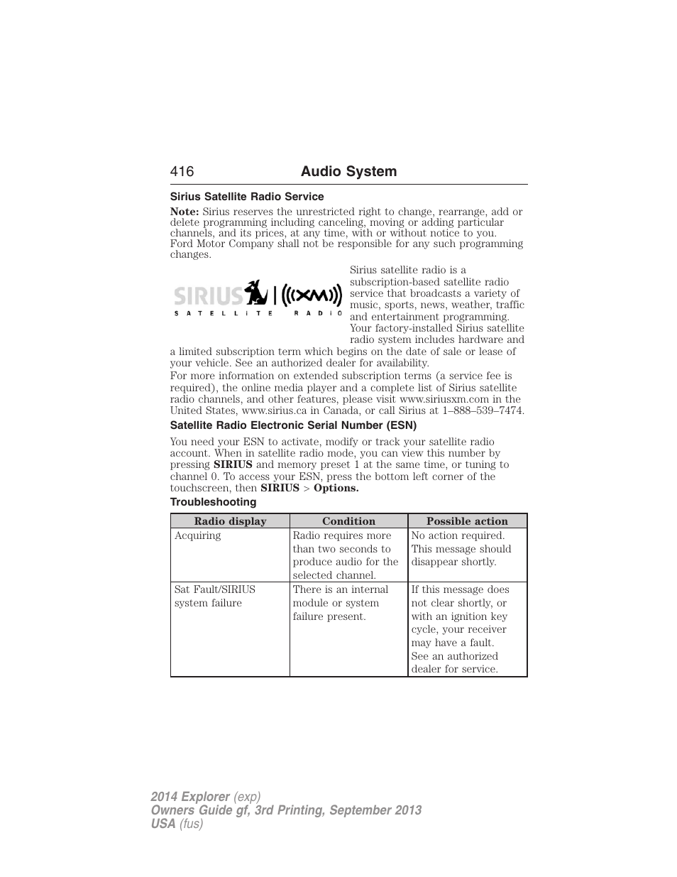 Sirius satellite radio service, Satellite radio electronic serial number (esn), Troubleshooting | 416 audio system | FORD 2014 Explorer v.3 User Manual | Page 417 / 593