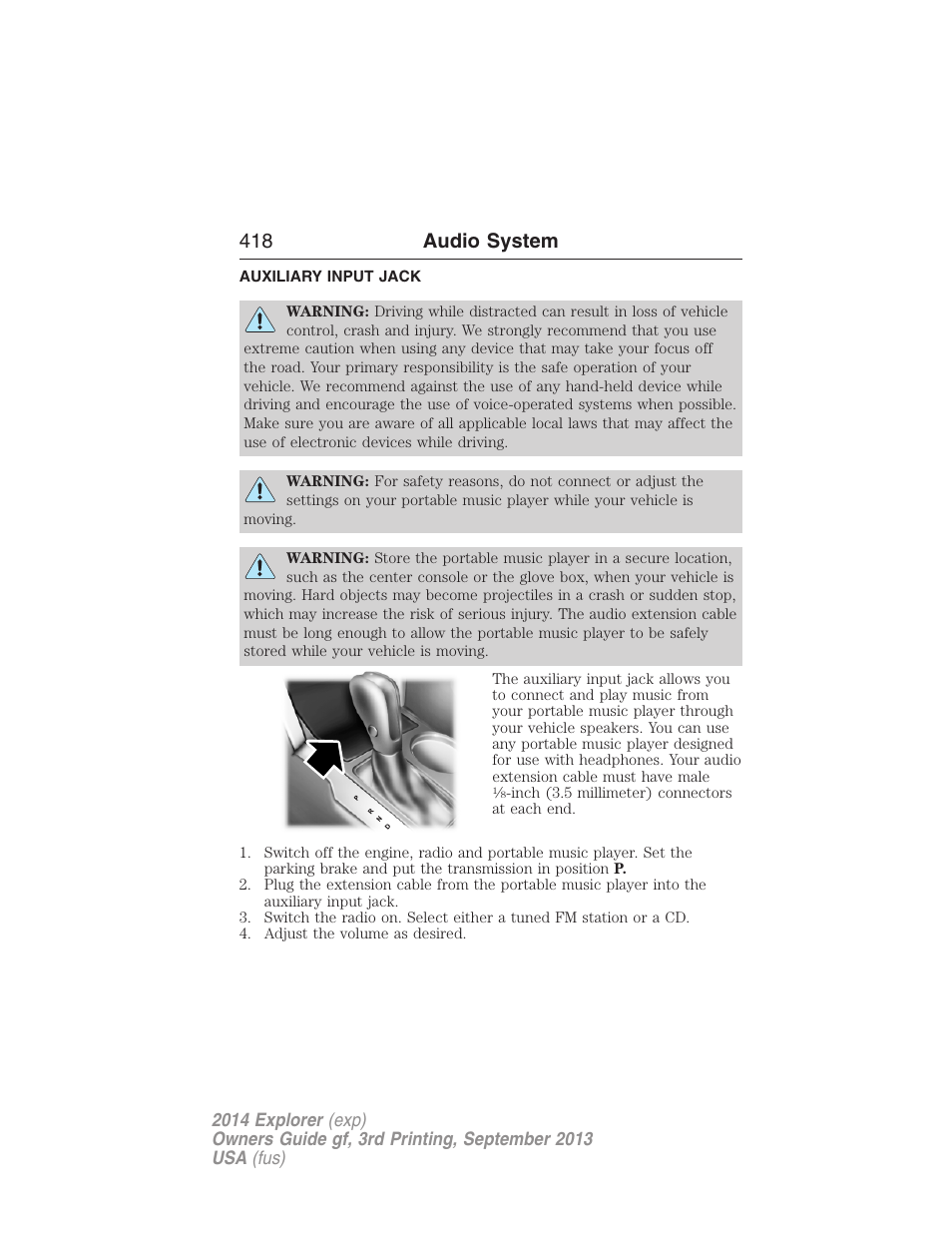 Auxiliary input jack, 418 audio system | FORD 2014 Explorer v.3 User Manual | Page 419 / 593