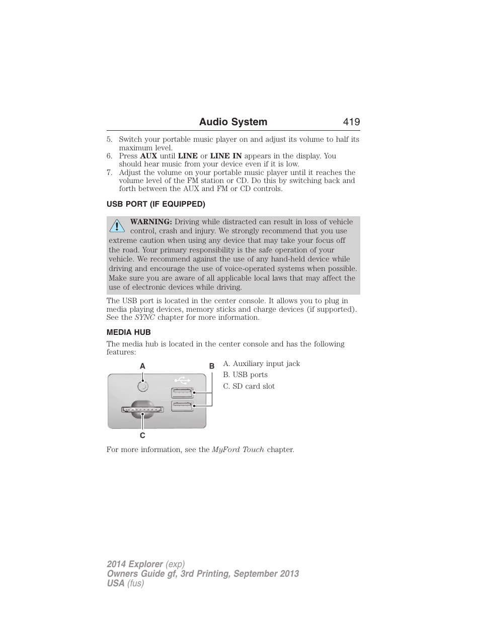 Usb port (if equipped), Media hub, Usb port | Audio system 419 | FORD 2014 Explorer v.3 User Manual | Page 420 / 593